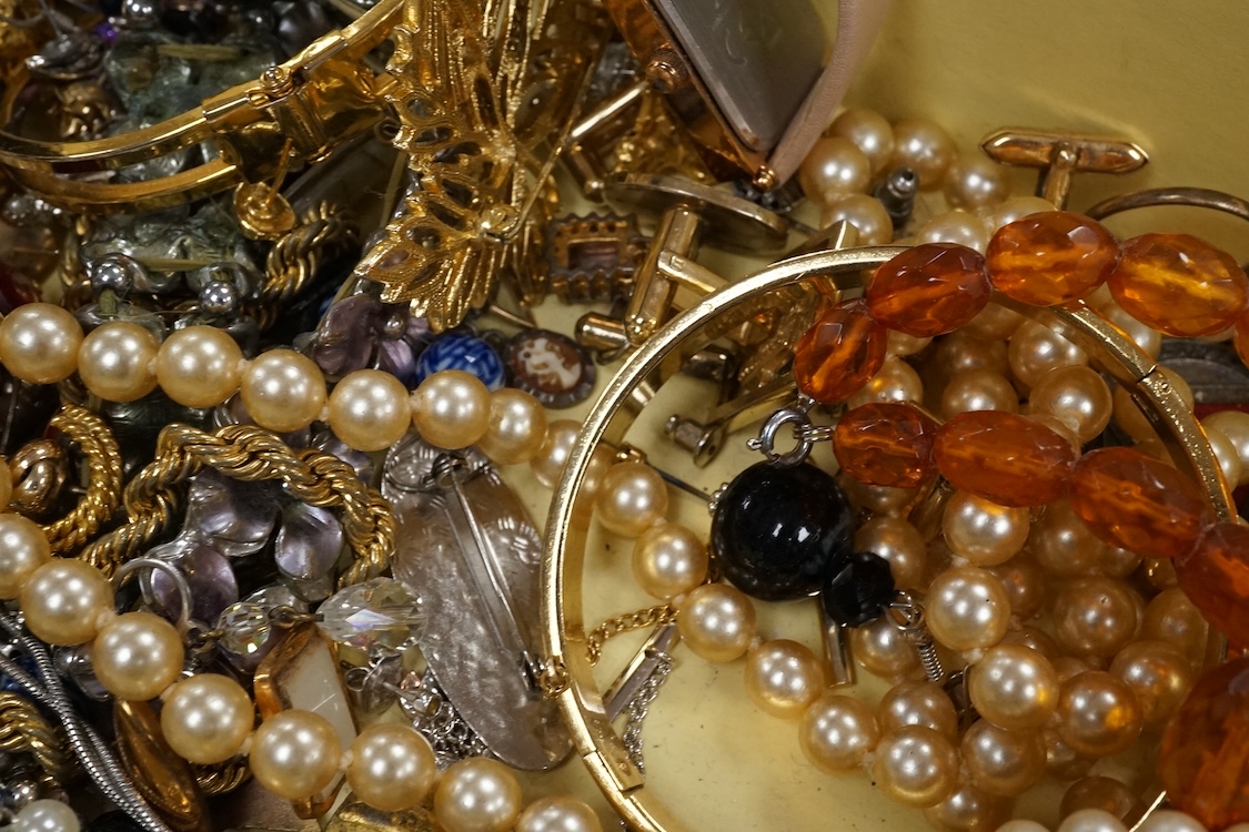 A quantity of assorted costume including necklaces, bangle, etc. and two wrist watches.